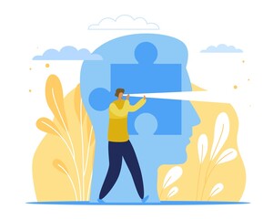 Finding solution. Profit and earning prediction, decision making, people premonition and foresight, man looking through telescope. Choice of strategy and future vector concept