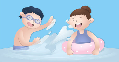 Children playing happy in the pool, vector illustration