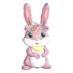 Cartoon rabbit, hare with flowers. Cute childish character, Easter, spring, symbol of 2023 Chinese New Year