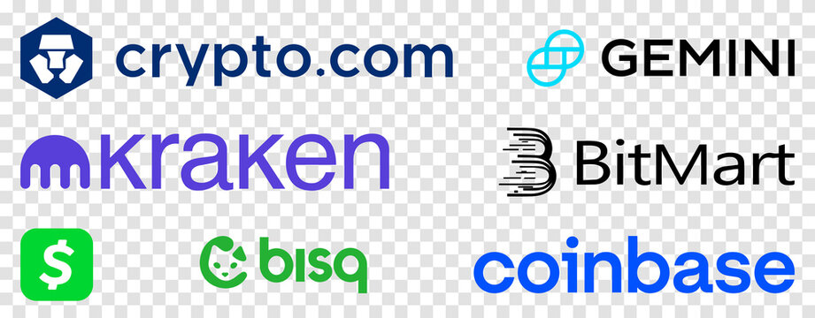 Vinnytsia, Ukraine - May 31, 2022: Top Crypto Exchanges Logos of 2022. Coinbase, Crypto.com, Gemini, BitMart, Kraken, Cash App, Bisq. Editorial vector signs isolated on transparent background