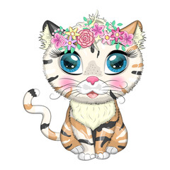 Cartoon cat with a wreath. Spring is coming. Cute child character, symbol of 2023 new chinese year