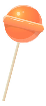 Orange Candy On Stick. Realistic Round Sweet Lollipop Isolated, Kids Delicious Caramel, Glossy Sugar Dessert, Yummy Bonbon Colourful Fruit Confectionery, Vector Single Element