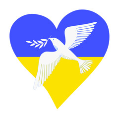 Dove of peace concept of peace for ukraine line art dove and branch in colors of ukrainian flag