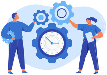 Project team with gears. Working process, searching for ideas and solutions, business processes running, startup, work motion concept. People stand near gear with clock as symbol of time management