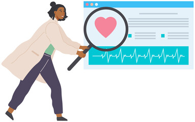 Doctor or nurse analysing medical history of patient or test results. Cardiology diagnostic, medical research, cardiogram, board with pulse. Woman with magnifyer looks at result of heart cardiogram