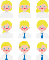 Cartoon business profile picture icon set. Upper body with facial expression, male and female collection. White color business suit design. Vector, illustration, EPS10