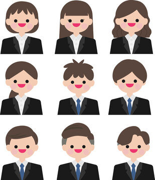 Cartoon business profile picture icon set. Upper body with facial expression, male and female collection. Black color business suit design. Vector, illustration, EPS10