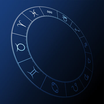 Zodiac circle on a dark blue background. Three dimensional astrological chart, showing the twelve star sign symbols. Wheel of the zodiac, used in modern horoscopic astrology, with 360 degree division.