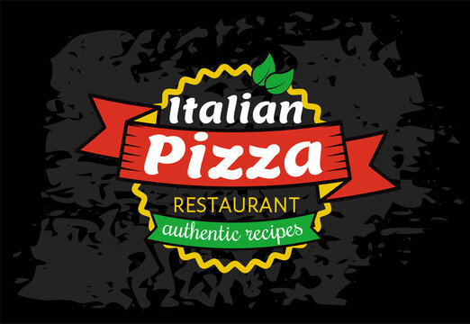 Pizza logo template, emblem for cafe, restaurant or food delivery service. Italian cuisine food advertising lettering. Pizza restaurant icon, label design, circle tag or sticker vector illustration