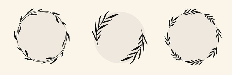 Set of black Doodle hand drawn decorative Circle floral frame. Vector Wreath with branches, herbs, plants, leaves. Isolated illustration on white background