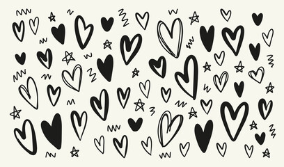 Hand drawn different shapes doodle Hearts collection. Black vector Isolated elements set