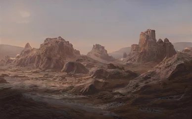 Schilderijen op glas Hoge woestijnbergen, rotsachtige bergkamvallei. Nevada bergketen, zand in de canyon. Geweldig landschap van pieken, grote stenen klifrots. 3d illustratie © Mars0hod
