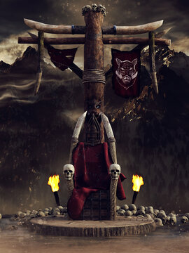 Fantasy orc throne with skulls and torches in the mountains at night. 3D render. 