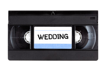 Old classic traditional VHS cassette tape archival wedding recording family souvenir 80s 90s self recorded movie, video media storage device, top view, front, isolated on white, object cut out, nobody