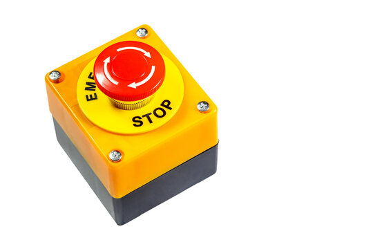 Big red emergency stop safety button knob object isolated on white background, cut out, nobody. Industrial workplace security policy, factory safety measures, symbol, abstract concept, no people