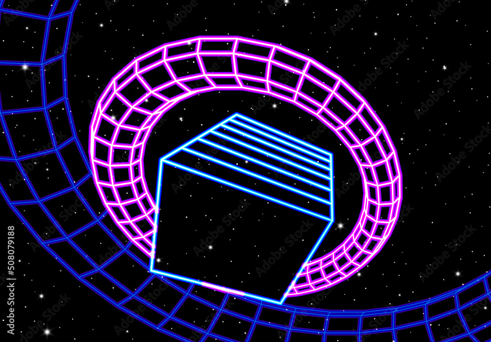 Aufkleber Abstract neon shapes in retro space. 80s or synthwave styled neon objects in virtual universe. Shiny neon grid elements.