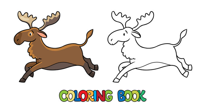 Funny running moose. Kids coloring book. Vector