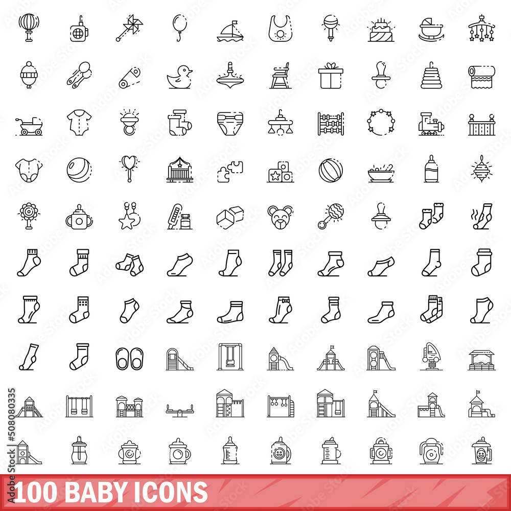 Wall mural 100 baby icons set. outline illustration of 100 baby icons vector set isolated on white background - Wall murals