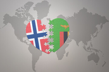 puzzle heart with the national flag of norway and zambia on a world map background. Concept.