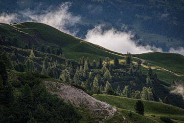 Fototapeta premium Mountains above Val Gardena mountain pass in the Dolomites