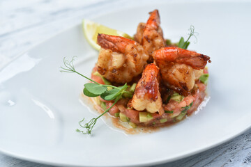salmon and avocado tartare with shrimp
