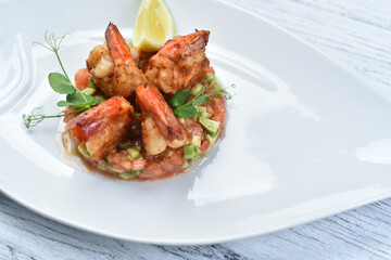 salmon and avocado tartare with shrimp