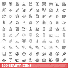 100 beauty icons set. Outline illustration of 100 beauty icons vector set isolated on white background