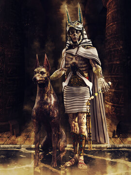 Fantasy scene with an undead priest of the ancient Egyptian god Anubis, standing near an undead hound. 3D render - the man in the image is a 3D object.