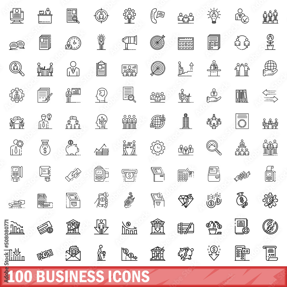 Sticker 100 business icons set. Outline illustration of 100 business icons vector set isolated on white background - Stickers