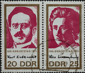 GERMANY, DDR - CIRCA 1971: a postage stamp from GERMANY, DDR, showing a portrait of Karl Liebknecht...