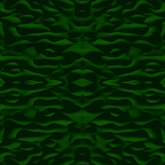 Dark green seamless abstraction with smooth, convex, horizontal shapes and shadows. Liquid texture with symmetrical patterns. Beautiful dark green background. 3D image.
