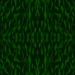 Dark green seamless abstraction with smooth, convex, vertical shapes and shadows. Liquid texture with symmetrical patterns. Beautiful dark green background. 3D image.
