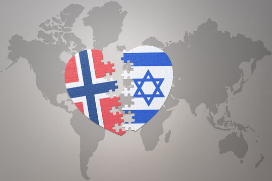 puzzle heart with the national flag of norway and israel on a world map background. Concept.