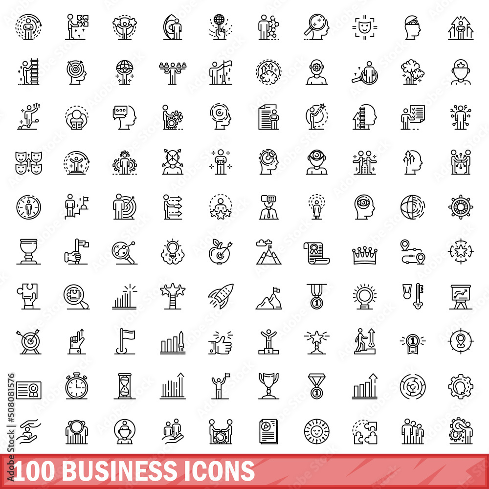 Poster 100 business icons set. Outline illustration of 100 business icons vector set isolated on white background - Posters