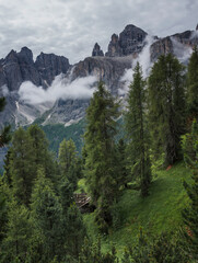 Mountains above Val Gardena mountain pass in the Dolomites