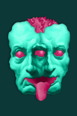 Poster with mask of double human male monster face in horror surreal style. Modern creative concept image with twin head humanoid. Zine culture. Contemporary art illustration. Funky punk CG design.