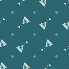 Martini glass with olive and skewer seamless pattern. Doodle style. Color hand drawn image. Repeat template. Party drinks concept. Freehand drawing. Cartoon sketch graphic draft