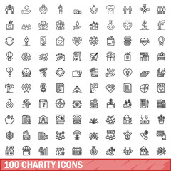 100 charity icons set. Outline illustration of 100 charity icons vector set isolated on white background