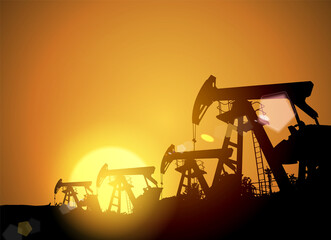 Oil field over sunset. Vector illustration. Gas industry. Dark silhouette drilling rig.