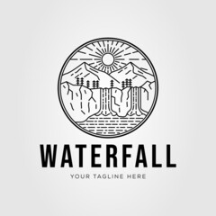 Wonderful waterfall on nature with mountain logo vector illustration design