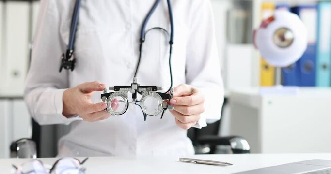 Ophthalmologist tool glasses and eye anatomy model