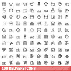 Obraz na płótnie Canvas 100 delivery icons set. Outline illustration of 100 delivery icons vector set isolated on white background