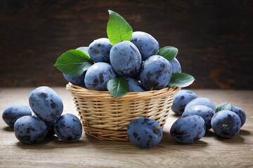 basket of fresh ripe plums