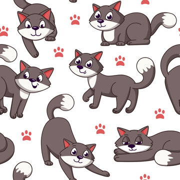 Cat seamless pattern. Cartoon style kittens on repeat print. Funny pets poses and actions. Feline paw footprints. Playful kitty. Domestic animal. Fluffy mammal. Vector trendy art background