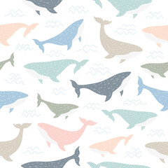 Whales seamless pattern. Cute kids wallpaper with ocean animals in Scandinavian style. Vector illustration.