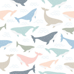 Fototapeta premium Whales seamless pattern. Cute kids wallpaper with ocean animals in Scandinavian style. Vector illustration.