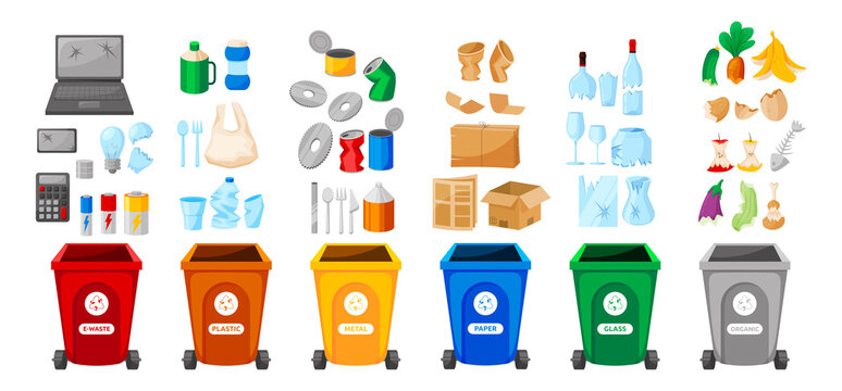 Recycle garbage. Reuse bin for separate organic, glass and plastic, paper and metal trash. Various type of rubbish falls into trash cans, ecology elements. Vector container and trash set