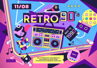 90s music background. Retro 1990s banner, vintage geek poster with 80s pop and music elements, colorful abstract art fashion trends. Bright contemporary backdrop. Vector template