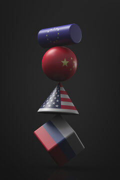 Geopolitical international themes. Geometric figures balancing on each other with state symbols of world superpowers. 3d rendering