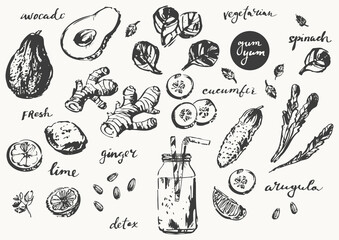 Hand drawn ink sketch of smoothie drink glass and recipe ingredients with friuts slices and vegetables